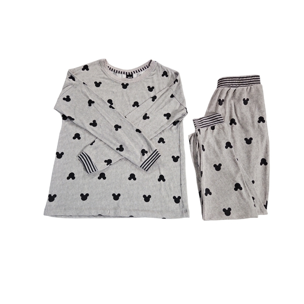 Disney Pajama Set Womens Small Gray Mickey Mouse Loungewear 2 Piece Striped Trim